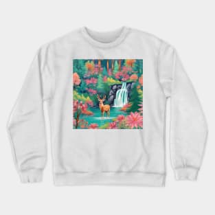 Deer in an autumn forest with waterfall Crewneck Sweatshirt